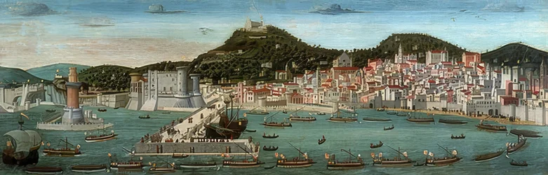 Tavola Strozzi. Vue de Naples, la flotte aragonaise entre dans le port le 12 juillet 1465