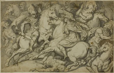 Escarmouche de cavalerie (recto) ; Ecorché agenouillé (verso)