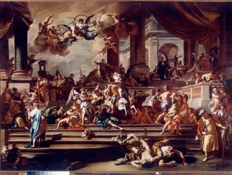 Héliodore chassé du temple par les anges. Peinture de Francesco Solimena dit l