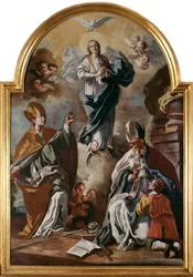 La colombe du Saint-Esprit apparaît au-dessus de la Vierge avec des saints