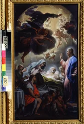 La mort de Joseph. Représentation de la Sainte Trinité : Jésus Christ, Dieu et la colombe du Saint-Esprit