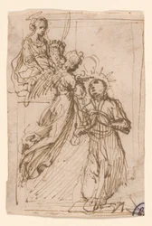 Le bienheureux Stanislas Kostka recevant la communion des anges assisté par Sainte Barbara