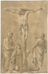 Christ sur la croix, avec Marie, Catherine de Sienne et Jean