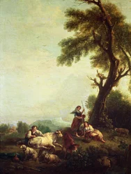 Paysage avec paysans regardant un troupeau de bovins