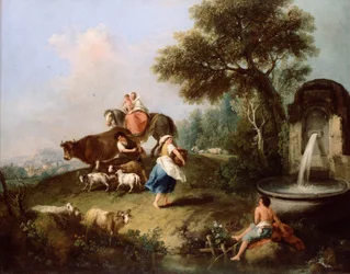 Paysage avec une fontaine, des figures et des animaux