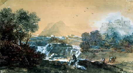Paysage avec une cascade, peinture italienne du 18e siècle