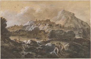 Paysage fluvial montagneux avec baigneurs