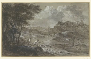 Paysage fluvial avec pêcheur
