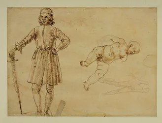 Un enfant assis ; un homme debout tenant une épée ...