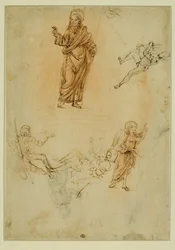Résurrection du Christ ; un ange ; un enfant nu courant vers la gauche ...