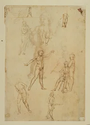 Études de figures. Plume et encre brune, plume métallique Papier de couleur rose ...