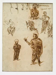 Esquisses de personnages ; saints ; un ange ; un bras ; des jambes ...