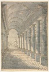 Arcade voûtée en berceau rendue en perspective, 1700s