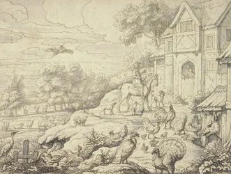 Cour de ferme, avec figures et paysage en arrière-plan