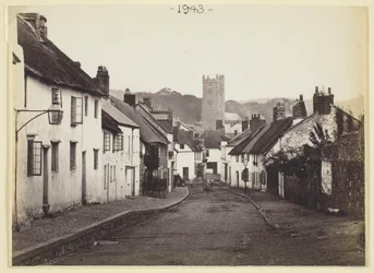 [Cottages au toit de chaume et église], 1860-94