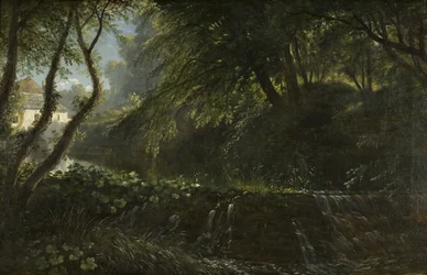 Scène de rivière avec barrage et moulin, vers 1823