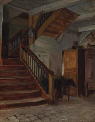 Intérieur de pièce avec escalier en colimaçon, fin 19e-début 20e siècle