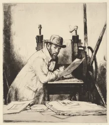 Portrait de Muirhead Bone appuyé sur une presse à gravure