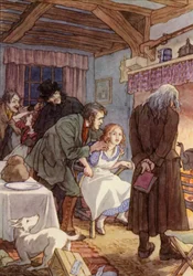 Illustration pour The Cricket on the Hearth de Charles Dickens (lithographie couleur)