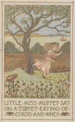 La petite Miss Muffet assise sur un tuffet mange du lait caillé et du petit-lait (lithographie couleur)