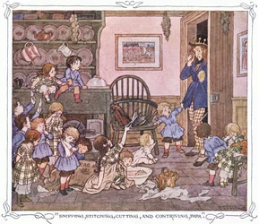 "Snipping, stitching, cutting and contriving, Papa", extrait de The Magic Fishbone publié par Warne  Co, c.1940 (lithographie en couleur)