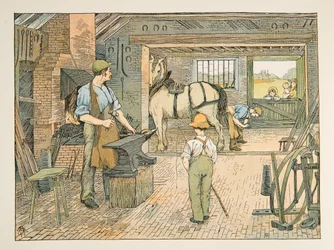 Le forgeron, tiré de Four and Twenty Toilers, pub. 1900 (lithographie couleur)