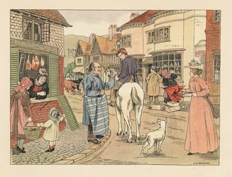 Boucher et garçon boucher victoriens à cheval dans une rue de village. Chromolithographie d