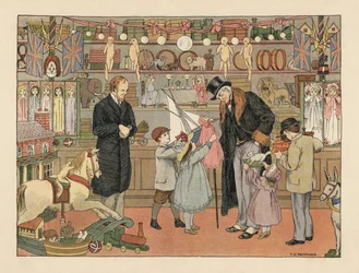 Enfants victoriens choisissant des jouets avec leur oncle dans un magasin de jouets. Chromolithographie d