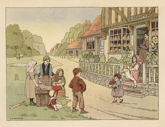 Enfants victoriens devant la boulangerie du village B. Crusty. Chromolithographie d