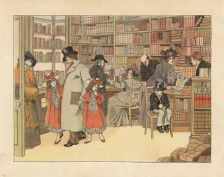 Clients victoriens dans une librairie. Chromolithographie d