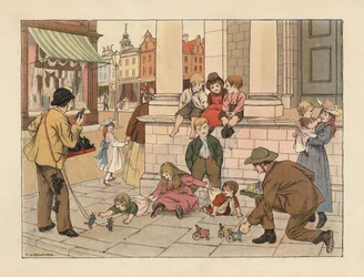Marchands de trottoirs victoriens vendant des jouets à un penny aux enfants dans une rue de Londres. Chromolithographie d