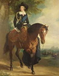 Portrait de la reine Victoria à cheval, avec le château de Windsor, le duc de Wellington et la brigade de la maison en arrière-plan