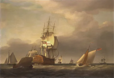 Une scène marine avec des navires de guerre et de petites embarcations
