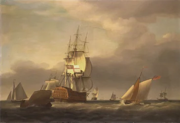 Paysage marin avec hommes de guerre et petites embarcations