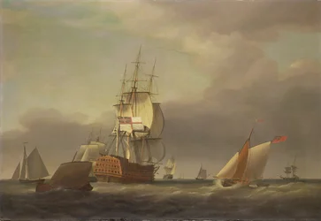 Un paysage marin avec des navires de guerre et de petites embarcations