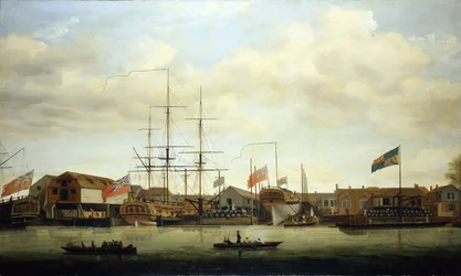 Un petit chantier naval sur la Tamise, avec deux bateaux en construction
