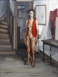 Nu féminin en cardigan rouge