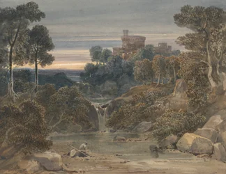 Paysage avec château, cascade et ruisseau au premier plan