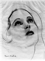 Visage de femme aux yeux levés, par Francis Picabia (1879-1953) ; crayon graphite et aquarelle sur papier.