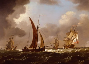 Navires de guerre britanniques et bateaux de pêche par vent fort