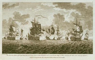 Douze Gravures de Combats Maritimes. La Glorieuse Action au large du Cap François le 21 octobre 1757, entre les Anglais et sept navires de guerre français où ces derniers furent entièrement vaincus.
