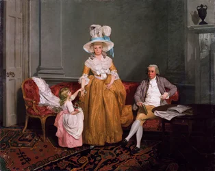 Un groupe familial, le père assis, la mère et la fille debout, dans un intérieur, XVIIIe siècle