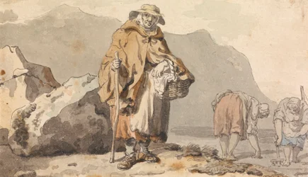 Une vieille pêcheuse avec deux femmes cherchant des appâts