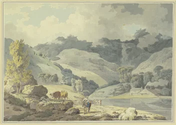 Paysage montagneux, sur le chemin une jeune fille à cheval, à gauche deux vaches
