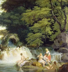 Le Saut du saumon à Leixlip avec des nymphes se baignant