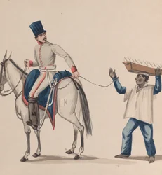 Un soldat à cheval tenant une corde qui sécurise un esclave indigène équilibrant une assiette