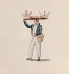 Un vendeur de tortillas équilibrant un plateau sur sa tête, d