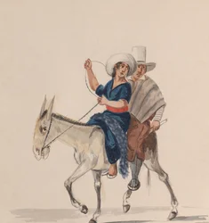 Un homme et une femme indiens montant un âne, d