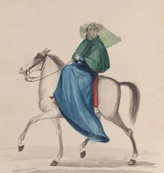 Une femme élégamment vêtue à cheval, d