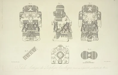 Idole aztèque en porphyre basaltique, trouvée sous la Grand-Place de Mexico, gravée par Cloquet, illustration de 